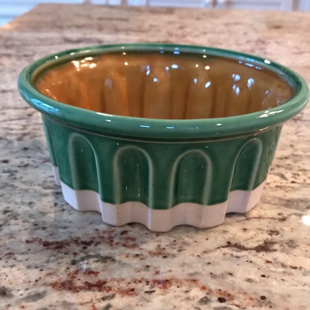 Signed Hungary Fluted Glazed Pottery Bowl or Mold Green & Brown Floral D…